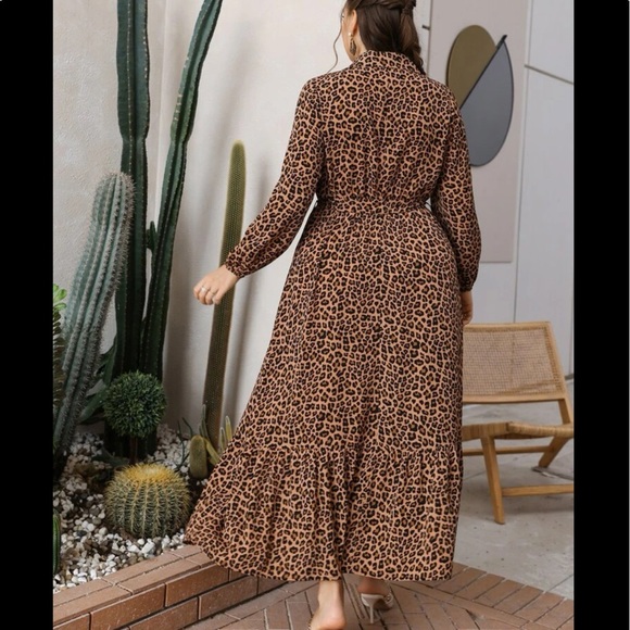 Boho Plus Size Leopard Animal Print Button Download Shirt belted Maxi Dress - Picture 2 of 10